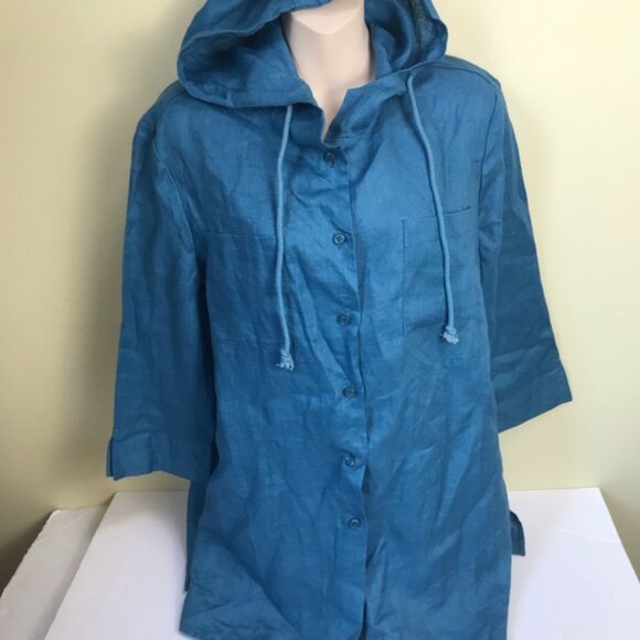Alice Blue NEW Linen Shirt Hoodie Shirt Jacket Pockets Slits Button Minimalist L - Picture 6 of 15